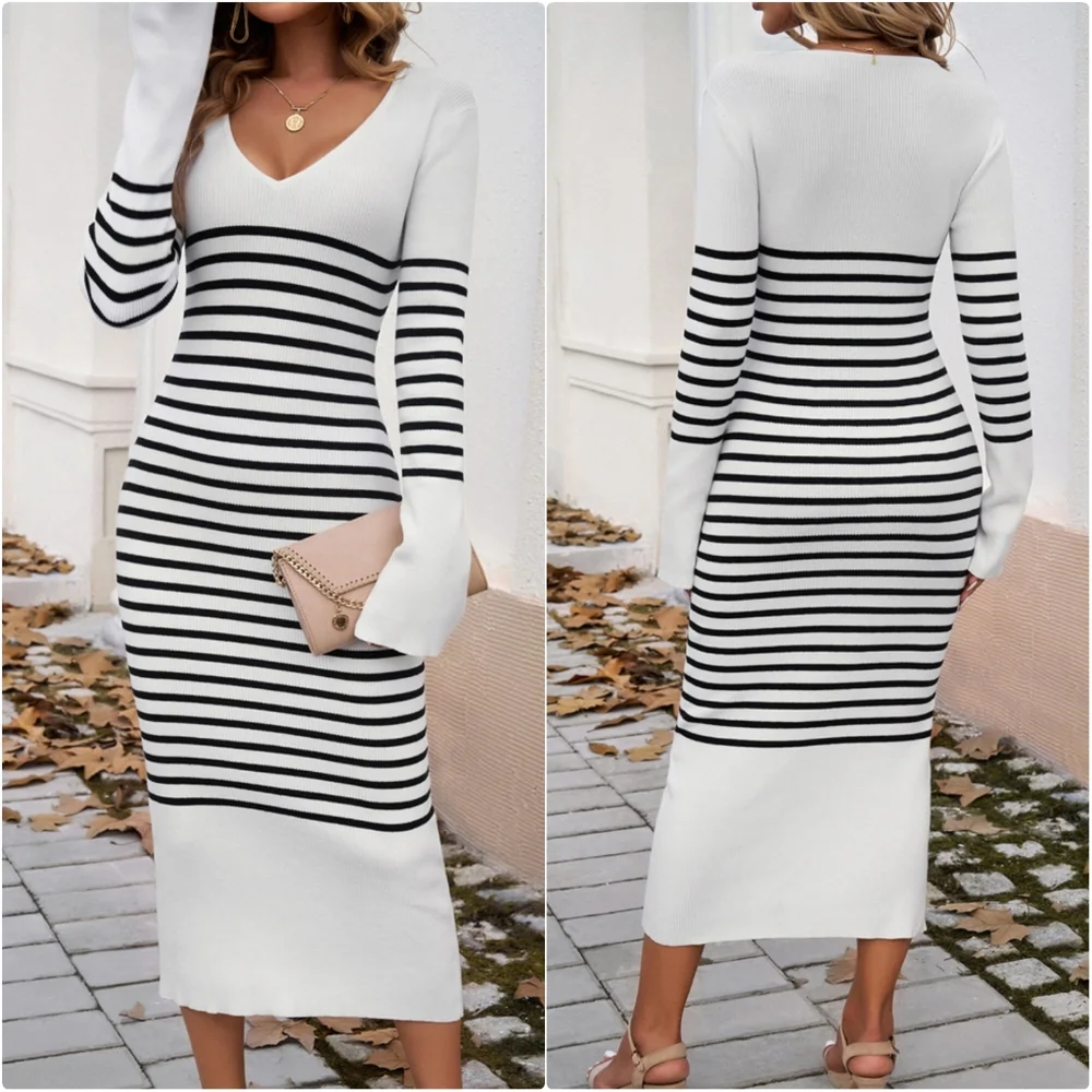 Striped Navy V-Neck Sweater Dress - Picture 9 of 11
